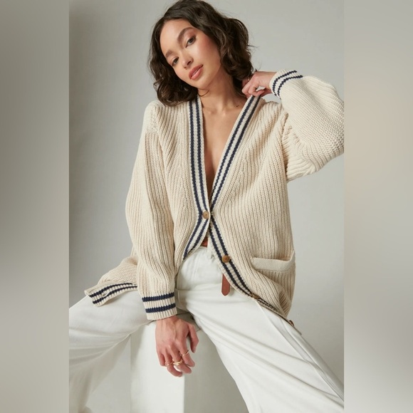 Lucky Brand Women's Medium Straw Heather Textured Stripe Varsity Sweater Relaxed - Picture 10 of 14